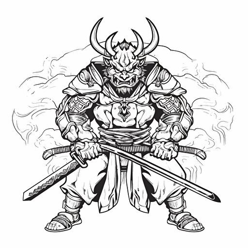 japanese demon samurai ignorant style No Shadow. Cartoon. Coloring page. Vector. Simple.