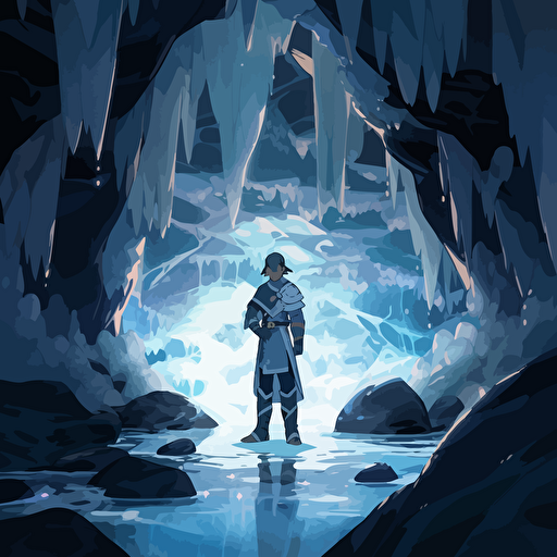 Vector illustration of Sokka, zoomed out in an ice cave, Aesthetics clean and minimalist, abstact water background, with dramatic lighting