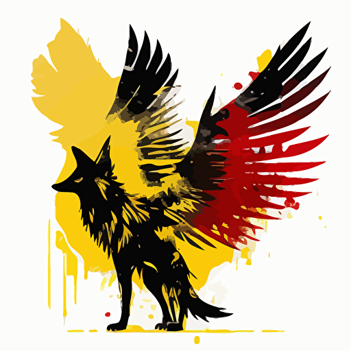 wolf with wings, black, yellow, red, vector