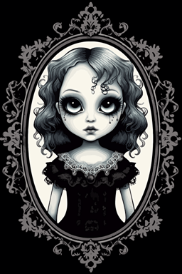 goth girl that looks like a creepy doll brought to life. Think black button eyes, porcelain skin, and a lace collar. The image should feel both eerie and adorable, digital illustration,vector design,logo design, diamond shaped frame