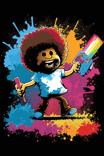 Bob Ross as a robot with a giant paint brush shooting paint, vector art style, vibrant
