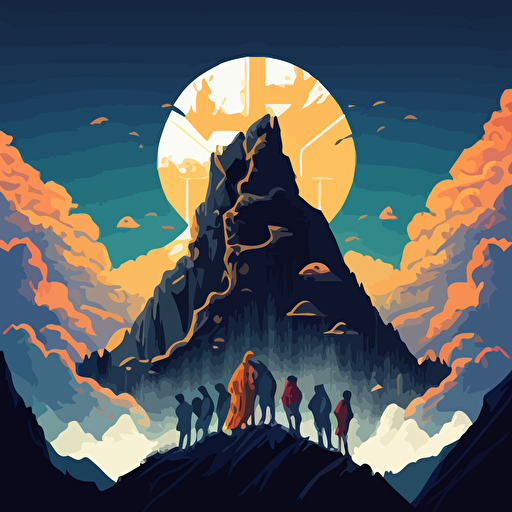 Based on the Greek myth of Prometheus, design a vector illustration of Satoshi Nakamoto bestowing the gift of blockchain technology to humanity, represented by a diverse group of people. Set the scene on a mountain peak, with a dramatic sky.