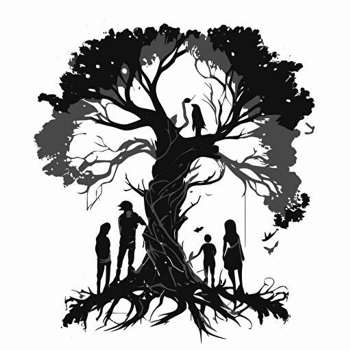 black and white vector illustration of tall and skinny magical tree, with branches that twisted and turned in every direction. three boys and a girl playing around it.