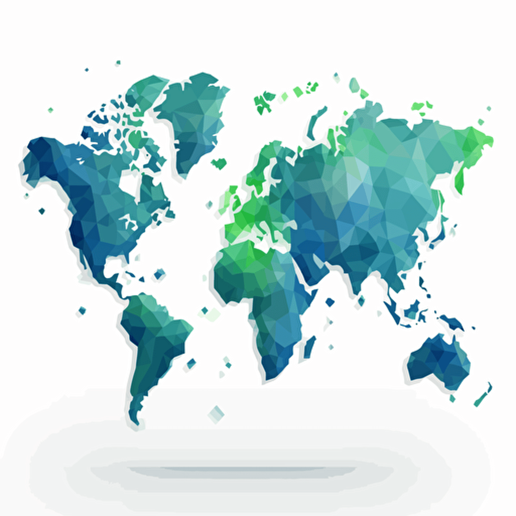 Blue and green world map, trust, reliability, loyalty, growth, harmony, nature, vectorized, illustrator, flat, 2d, white background