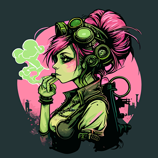 vector,pink,light green,depressed,curious girl smoking an steam punk Cgar