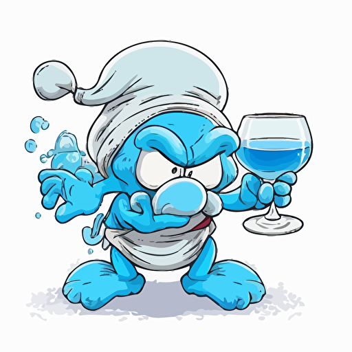 funny smurf drinking liquor, eyes open, illustration, vector, background white, no text
