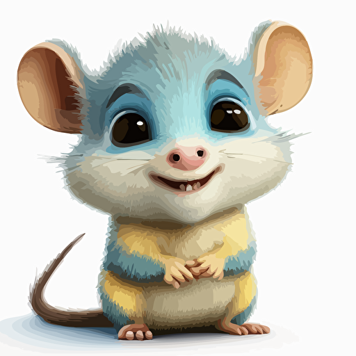 A gorgeous yellow and blue baby fur rat, smiling, white background, vector art , pixar style