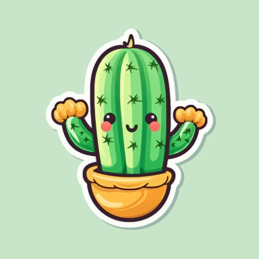 sticker, cute and happy, chubby saguaro cactus, kawaii, vector, contour, white background
