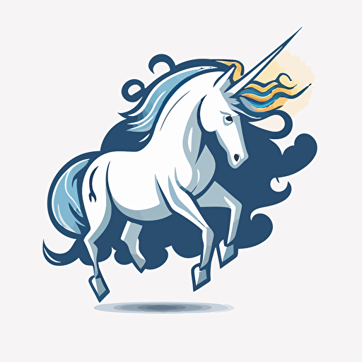 unicorn with storm and lightning behind it, vector logo, vector art, emblem, simple cartoon, 2d, no text, white background