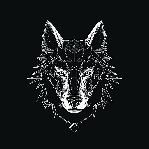 Angry wolf, Banksy style, black background, large closed shapes, fantasy roboter, white space to fill, abstract, artistic, pen outline, white background, very simple, full field of view, centre, minimalistic logo vector art , simple flat vector logo