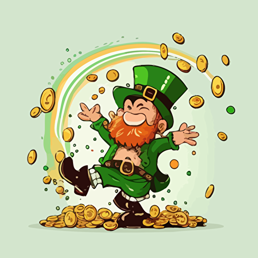 funny Leprechaun making it rain money, vector logo, vector art, 2d, cartoon, white background