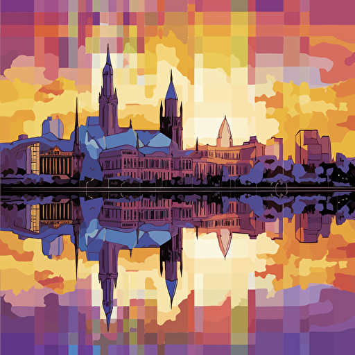 glasgow city illustration simplistic vector art canvas of purples, blues, and golds with chromatic outlineing giving of an effect of reflective ouitline