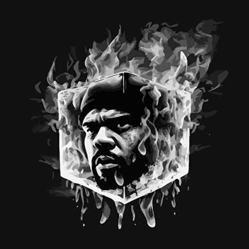 black and white vector image of ice cube flying on fire
