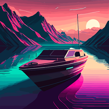 a boat, flat landscape, digital art, vector, long shadow, 45 degree point of view, by Grant Riven Yun , synthwave colors