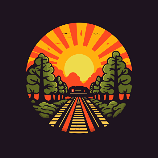 simple vector art of railroad, sun, trees, simple colors, cartoon, logo