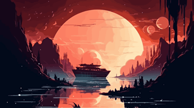 a ship entering the atmosphere of an undiscovered jungle-like planet, the ships heats up as it enters the atmosphere, flat vector illustration