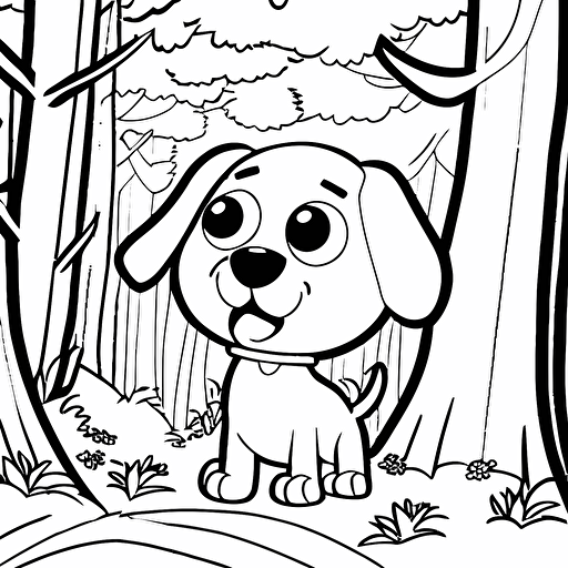 kids coloring page, cute happy dog in forest, big cute eyes, pixar style, simple outline, coloring page black and white, comic book flat vector, white background