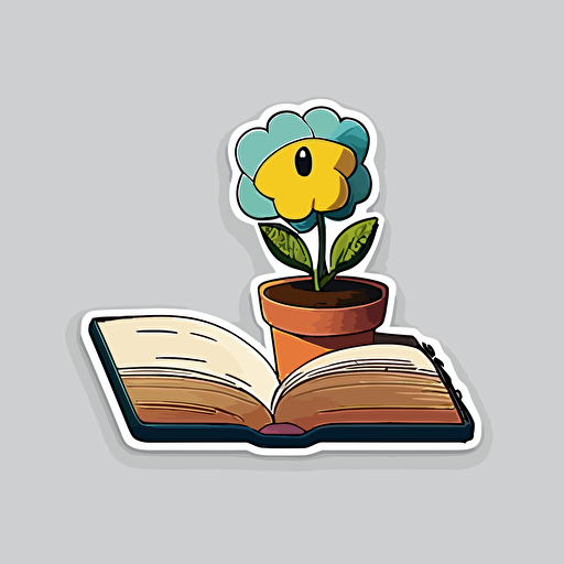 flower rising fron a book pixar style, 2d flat design, vector, cut sticker