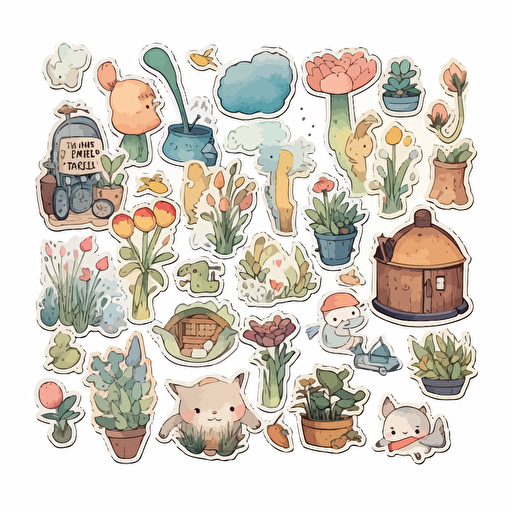cute simple sticker for journal, vector, cute, highly detailed, clear view, sticker for journal, white background, no shadows, watercolor illustration, happy, ghibli style, watercolor