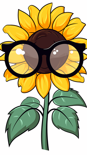 An adorable cartoon logo design of a sunflower wearing black thick-rimmed glasses, winking with one eye, on a crisp white background, simple yet witty, vector illustration,