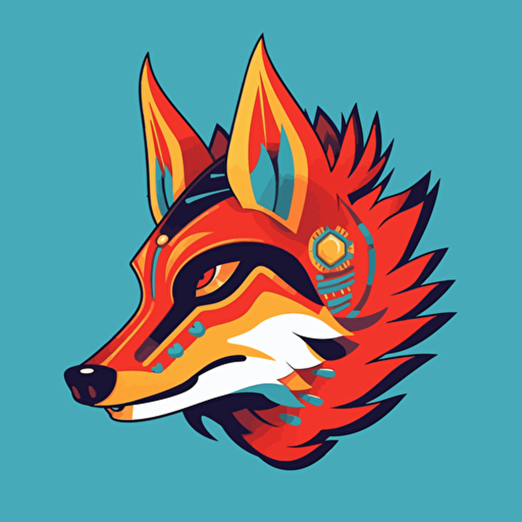 coyote kitsune mask illustration by tim lahan, side profile, flat colors, 2d vector art