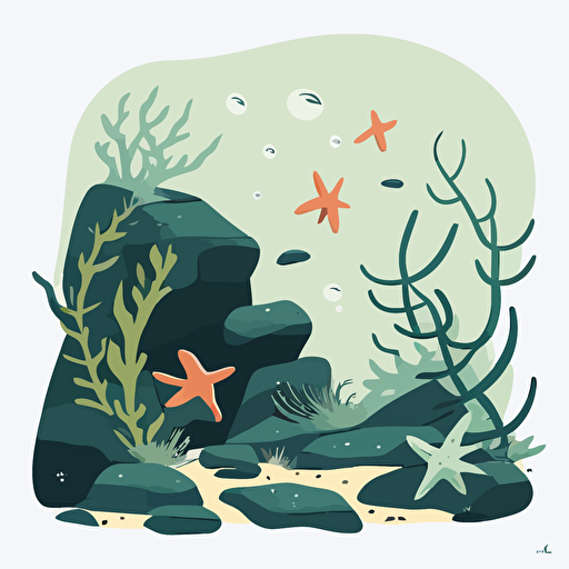 west coast, sea stars on rocks, kelp, minimalist design, fun vibe, vector, 2d, flat