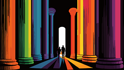 two person surrounded by giant colorful pillars of roads, vector, black stroke,