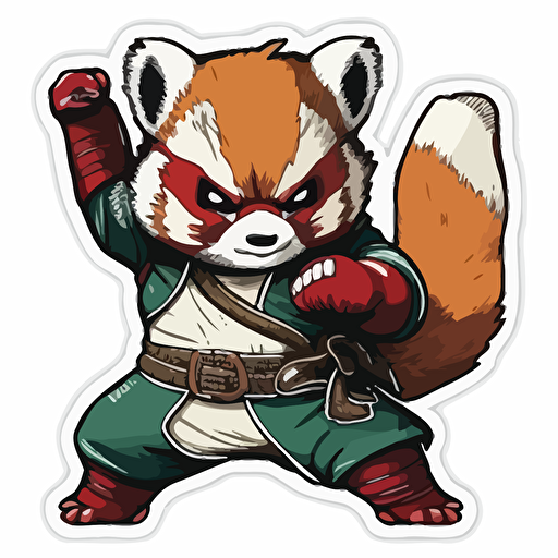 sticker, happy red panda in katate outfit doing karate, colorful, kawaii, vector, contour, white background