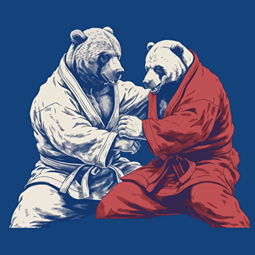 Two Bears practicing jiu jitsu, vector animation illustration, 4 colors limit, solid background, high resolution