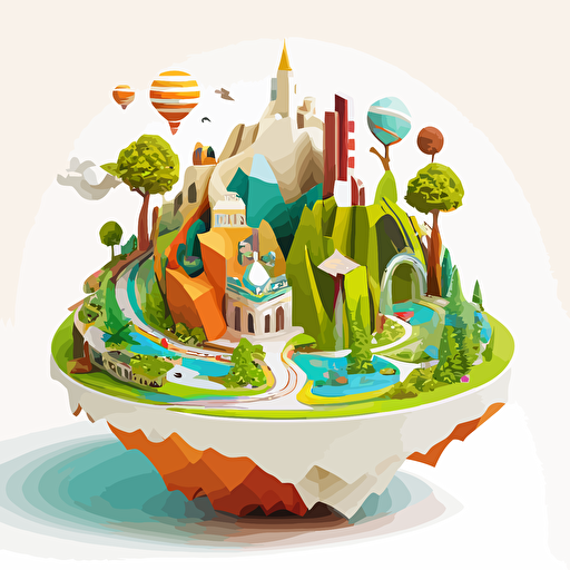a 360°C model with an imaginary city and nature. Vector and childish style. Very colored. Very happy. white background without shadow.