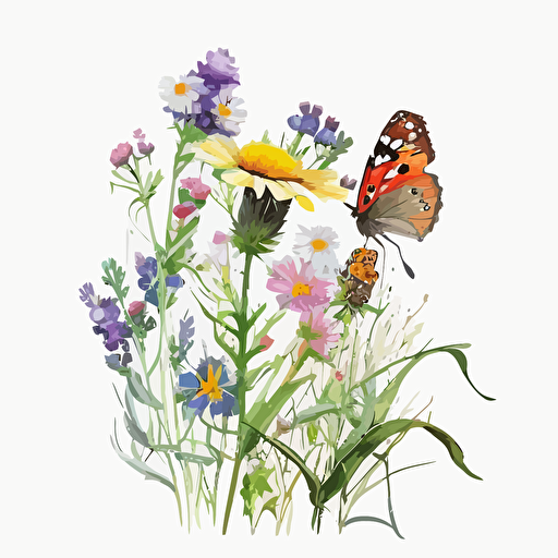 spring meadow wildflower with a butterfly, watercolour, clipart, primary colours, vector, simple, white background