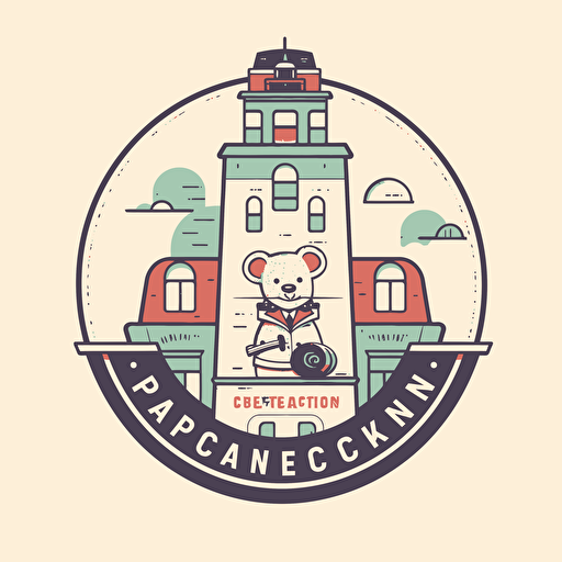 pediatrician's office logo, brooklyn themed, 1930s era clocktower skyscraper in background similar to 1 Hanson Place, flat vector art, letterpress style on white backgroung, pastel colors, featuring teddy bear with heart on chest and stethoscope, ultra high resolution