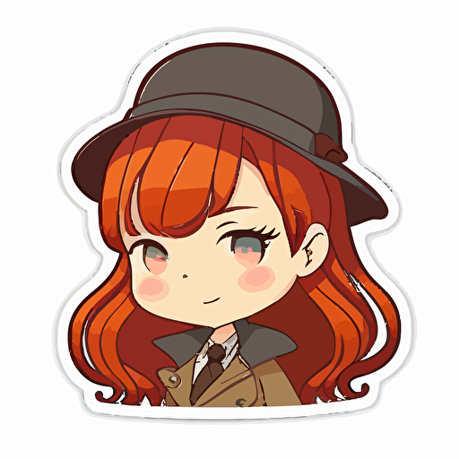 sticker, Happy Colorful female Sherlock Holmes with long red hair, kawaii, contour, vector, white background