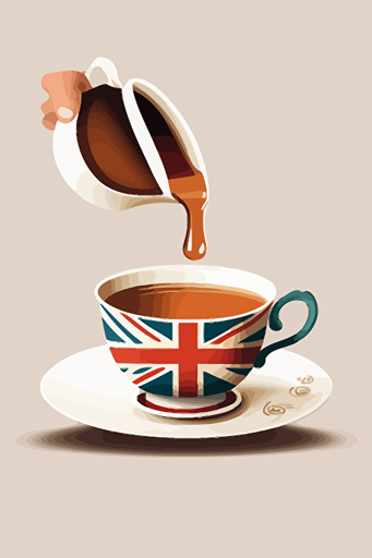 make a logo of a hand puring tea to a royal British porcelan white clean cup of tea on a plate, white background, flat vector