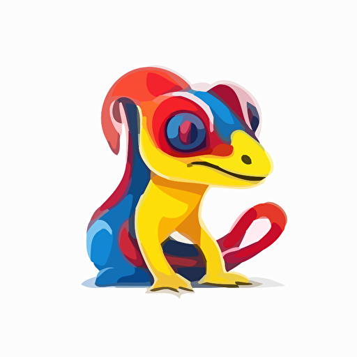 a modern flat logo with predominant red and strong yellow colors of a red and yellow gekko with blue eyes in front view over a white background in vectorial design style art
