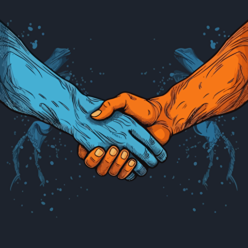 a vector image of a firm handshake, blue and orange and dark gray, graffiti style