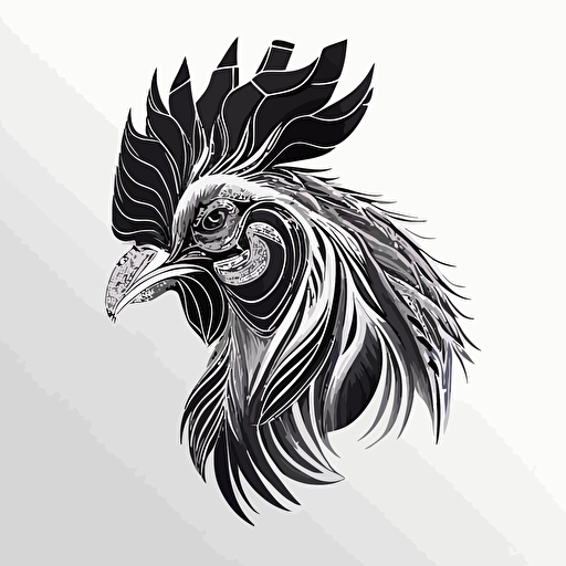 glamorous close up rooster in style of Gabriel Schama, flamboyant, black and white, flat, vector, line drawling, white background ar 1:1