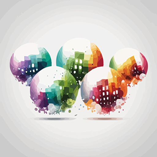 five transparent exploding marbles with a small town inside. Vector styling. Very colored. White background