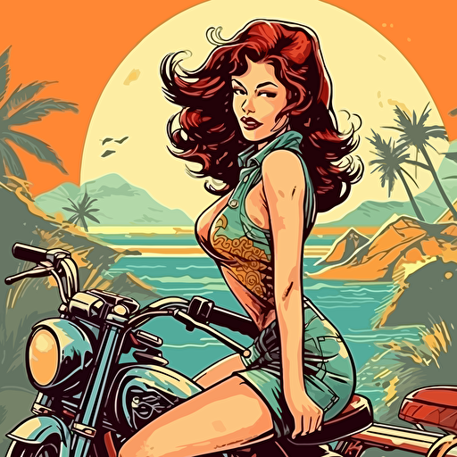 Disney cartoon style, pin up girl with a motorcycle, contrast colors, shadows, good vibes, happy, tropical, vector