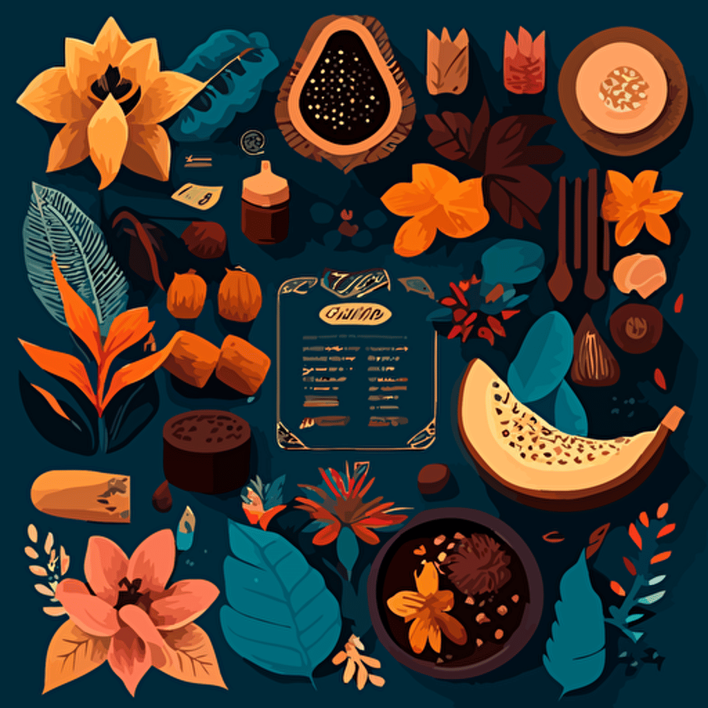 tropical plants flowers and latin Food background designs, [blue, orange, brown, and gold colo scheme here]::3 modern, clean, design, vector, items, food, RTX