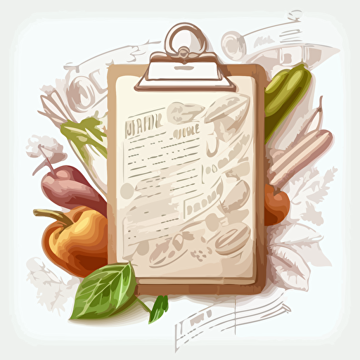 clipboard with an item list on it, surrounded by fruits and vegetables, vector line drawing style