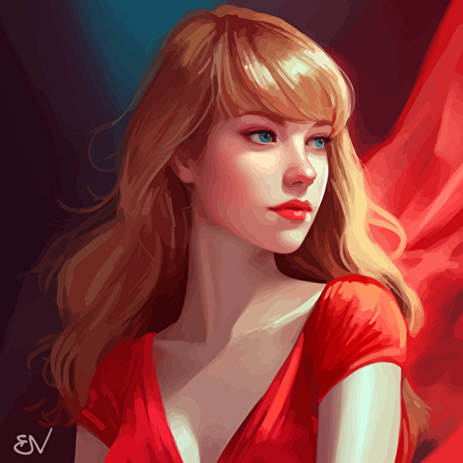 a beautiful young Taylor Swift in red dress. Brightly red blonde long hair, Clear detailed face, fair skin tone, light blue eyes. Clean Cel shaded vector art by lois van baarle, artgerm, Helen huang, by makoto shinkai and ilya kuvshinov, rossdraws, illustration
