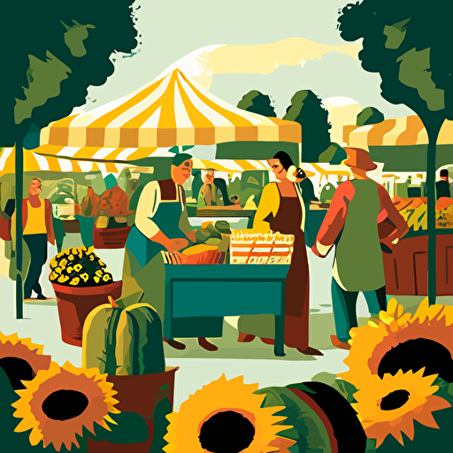 Influenced by Vincent van Gogh's "Sunflowers," create a vector illustration of a countryside farmers' market where the stalls are adorned with sunflowers, and people are browsing the fresh produce. Set the scene on a sunny morning.
