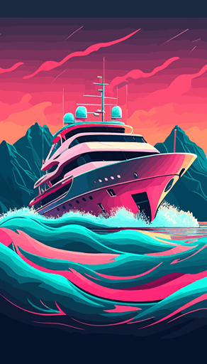 luxury motor yacht on see, off center placement, waves, islands, pink and light blue hues, flat abstract minimalistic vector style, vibrant neon colors, pink, light blue