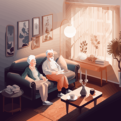 vector art, cute livingroom, elderly couple sitting on the sofa, illustrator, after effects, reduced color palatte