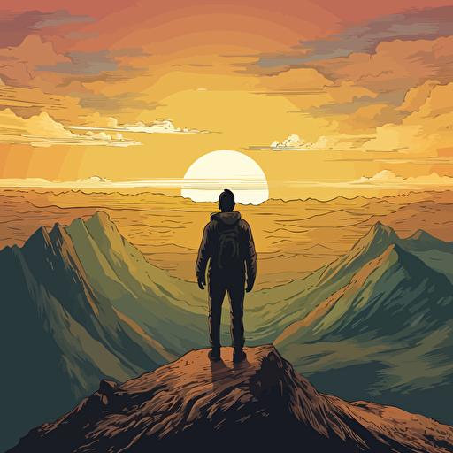 vector art of a man standing on top of a mountain looking at the sunset, detailed,