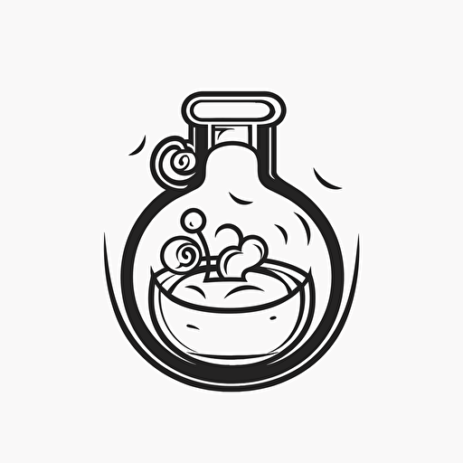 Logo with black outline, white background, cute, Potion bottle in Pixar style, prop design, contour, vector art