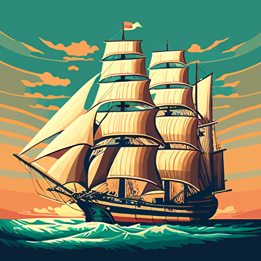 flat vector illustration of a large wooden sailing ship