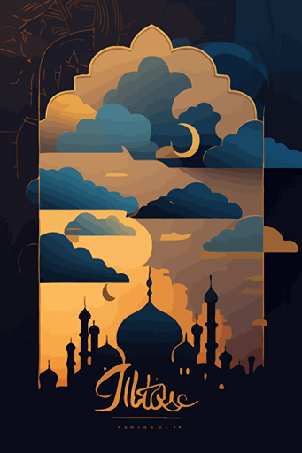 flat vector design, happy eid mubarak, mosque, sunset, layers of clouds, blue and gold