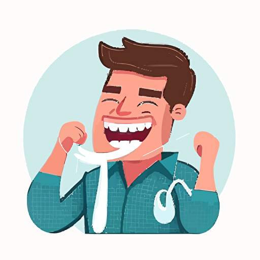 a happy man,Clean teeth with dental floss at least once a day before going to bed. Daily, At least, Before sleeping, Dental floss, Clean Teeth, Oral Hygienicl, white background,,Flat Illustration Style,cartoon,Vector
